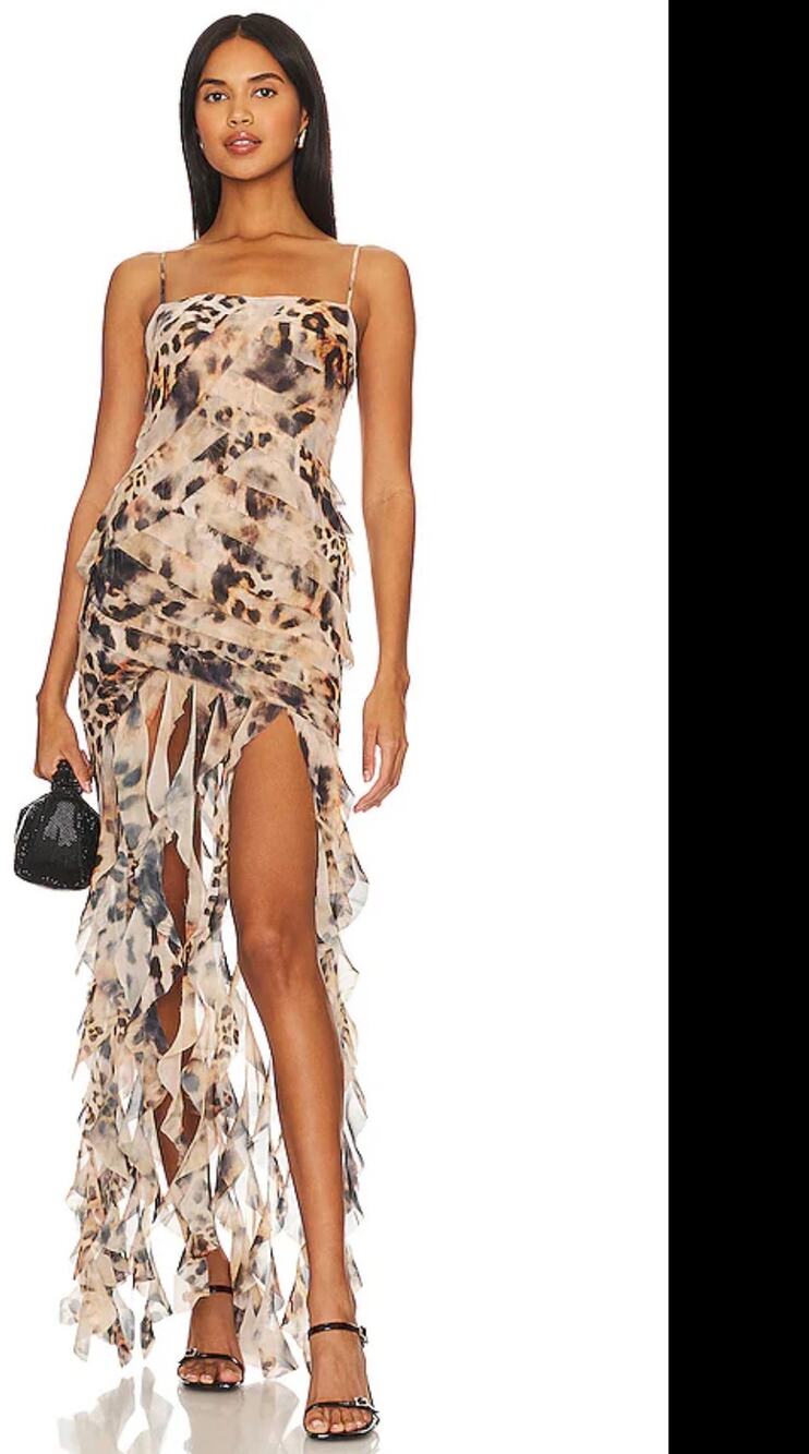 Retrofete Cheetah Aria Dress with Raw Edge Ruffles New